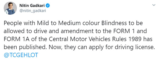 Mild To Medium Colour Blind Citizens Can Now Obtain A Drivers Licence: MoRTH