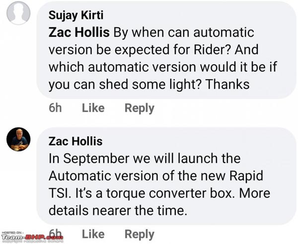Skoda To Launch The Rapid TSI With An Automatic Transmission In September This Year
