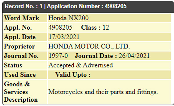 Honda NX200 Name Trademarked: Honda’s Upcoming ADV Motorcycle In The 200cc Segment