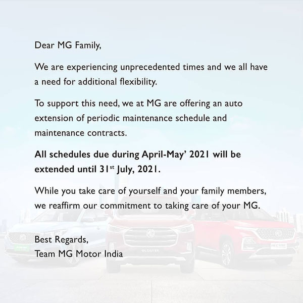 Mg Motor India Extends The Validity Of Its Cars Periodic Service Due To The Covid-19 Pandemic