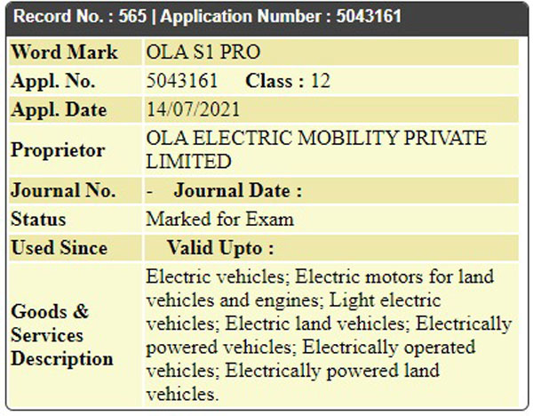 Ola Series S, S1 & S1 Pro Names Registered