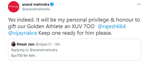 Mahindra XUV700 For Neeraj Chopra: Anand Mahindra Announces Gift In Honour Of Olympic Gold Medalist Mahindra XUV700 For Neeraj Chopra: Anand Mahindra Announces Gift In Honour Of Olympic Gold Medalist