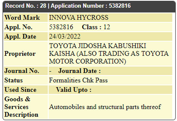 Toyota Innova HYCROSS Name Registered In India: Could This Be The Hybrid Innova?