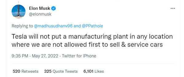 Elon Musk Outlines Conditions For Tesla's India Factory