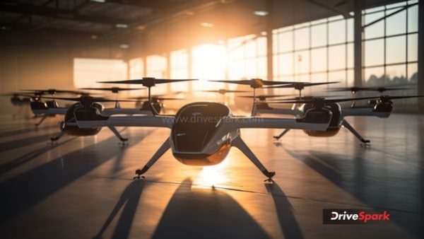 An electric flying car hovering above an Indian city landscape An electric flying car hovering above an Indian city landscape