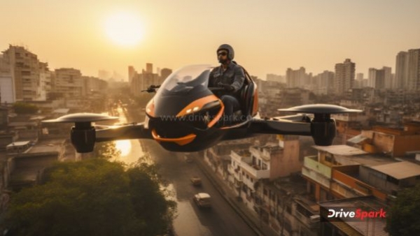 An illustration showing a future cityscape with electric flying cars An illustration showing a future cityscape with electric flying cars