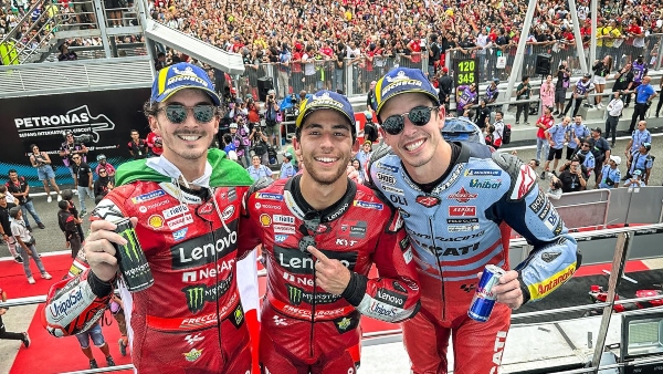 MotoGP Malaysia Race Winners (Left to Right: Francesco Bagnaia, Enea Bastianini, Alex Marquez)