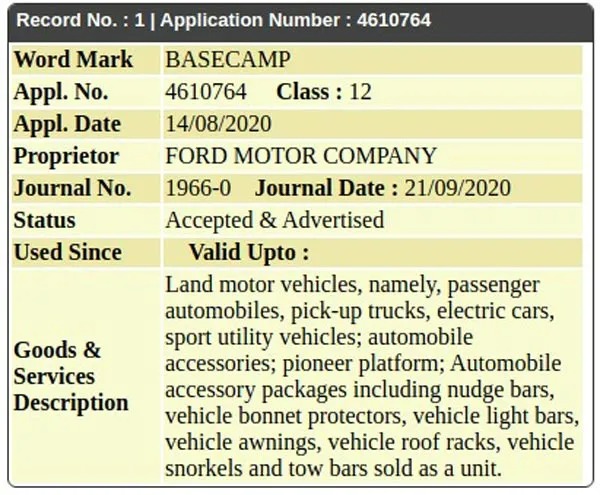Ford Endeavour Basecamp Name Trademarked