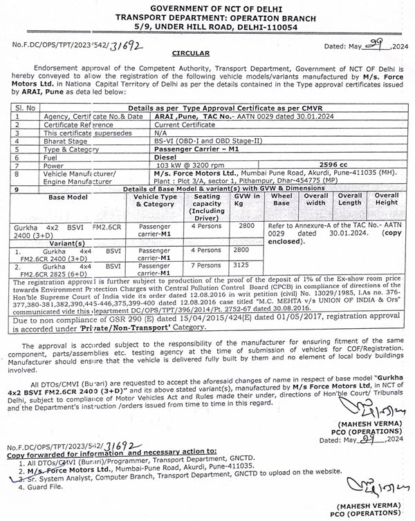 Force Gurkha 4X2 Homologation Doc