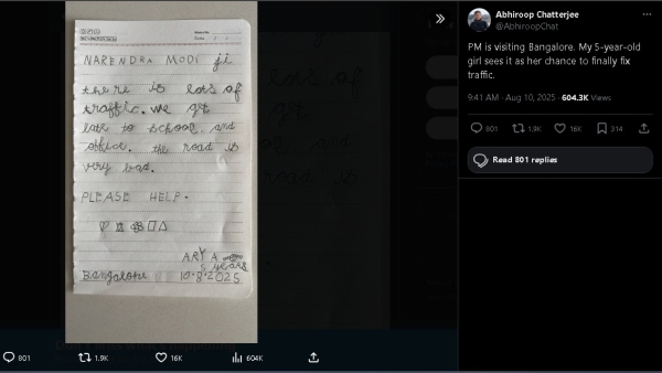 Five-year-old Bengaluru girl s handwritten letter to PM Modi about traffic jams