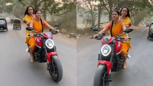 ಹೆಲ್ಮೆಟ್ ಧರಿಸದೇ ಸೀರೆ ಉಟ್ಟು ಬೈಕ್‍ನಲ್ಲಿ 'ಗಾಳಿಪಟ' ನಟಿಯ ಜಾಲಿರೈಡ್: ಬೈಕ್ ಬೆಲೆ ಕೇಳಿದ್ರೆ ತಲೆ ತಿರುಗುತ್ತೆ!