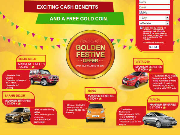 ಟಾಟಾ ಮೋಟಾರ್ಸ್ 'ಗೋಲ್ಡನ್ ಫೇಸ್ಟಿವ್ ಆಫರ್' ಎಪ್ರಿಲ್ 2013
