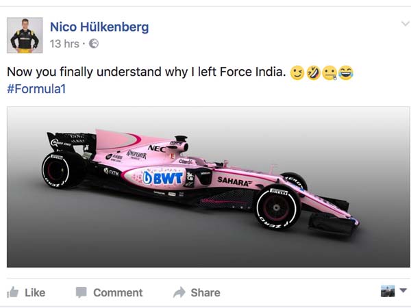 F1 ರೇಸ್ ಕಾರ್ ಇದೀಗ ಪಿಂಕ್ ಮಯ- ಟ್ರೋಲ್ ಹೈಕ್ಳಿಗೆ ಆಹಾರವಾದ ವಿಜಯ್ ಮಲ್ಯ..!!