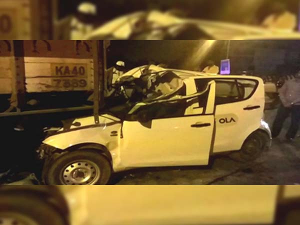 ನಿಂತಿದ್ದ ಲಾರಿಗೆ ಡಿಕ್ಕಿ ಹೊಡೆದ ಓಲಾ ಕ್ಯಾಬ್- ಇಬ್ಬರು ಸ್ಥಳದಲ್ಲೇ ಸಾವು
