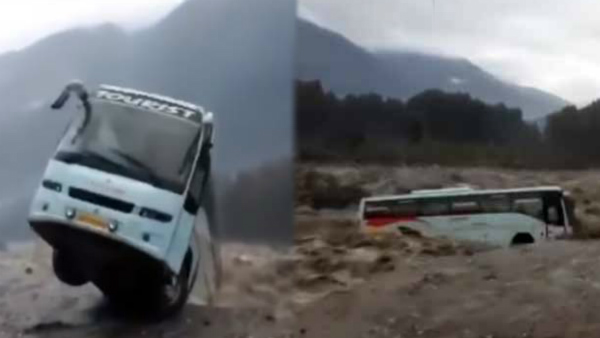 ಮನಾಲಿಯಲ್ಲಿನ ಭೀಕರ ಪ್ರವಾಹದಿಂದ ನೀರಿನಲ್ಲಿ ಕೊಚ್ಚಿಕೊಂಡು ಹೋದ ವೊಲ್ವೊ ಬಸ್