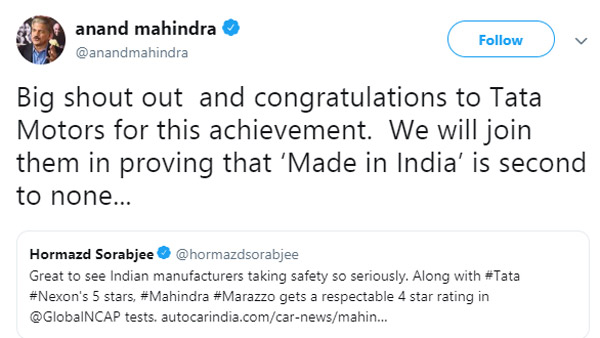 ಟಾಟಾ ಮೋಟಾರ್ಸ್ ಅನ್ನು ಅಭಿನಂದಿಸಿದ ಆನಂದ್ ಮಹೀಂದ್ರಾ. ಕಾರಣ ಏನು ಗೊತ್ತಾ.?