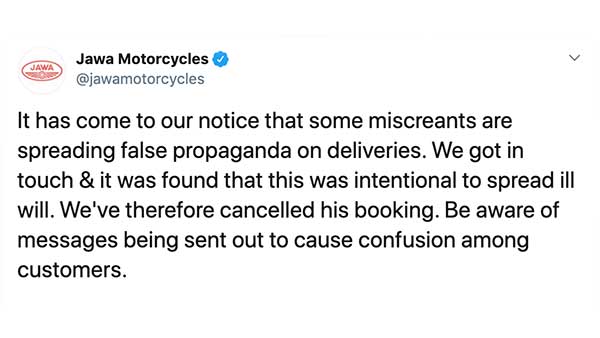 ಗ್ರಾಹಕನ ಬುಕ್ಕಿಂಗ್ ರದ್ದು ಪಡಿಸಿದ ಜಾವಾ..!