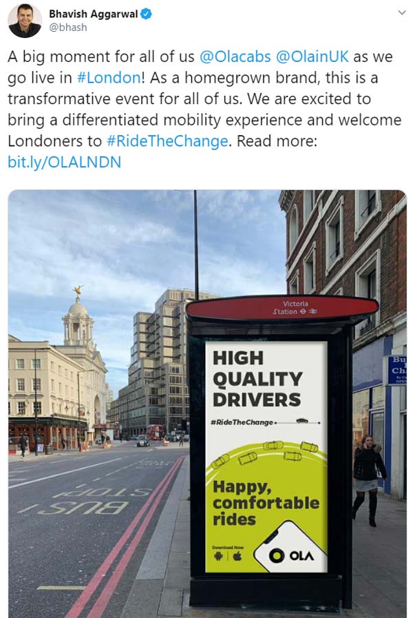 ಲಂಡನ್‍‍ನಲ್ಲಿ ಕ್ಯಾಬ್‍ ಸೇವೆಯನ್ನು ಆರಂಭಿಸಿದ ಬೆಂಗಳೂರು ಮೂಲದ ಓಲಾ