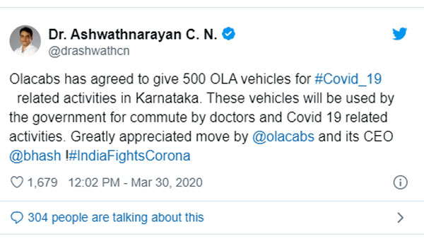 ಕರೋನಾ ವೈರಸ್ ವಿರುದ್ಧದ ಹೋರಾಟಕ್ಕೆ ರಾಜ್ಯ ಸರ್ಕಾರಕ್ಕೆ ಸಹಾಯ ಹಸ್ತ ಚಾಚಿದ ಓಲಾ
