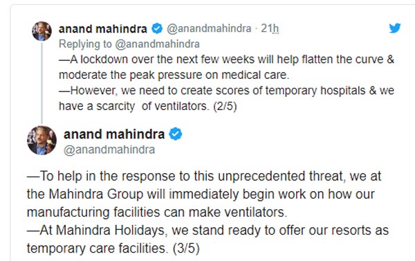 ಕರೋನಾ ವಿರುದ್ಧದ ಹೋರಾಟಕ್ಕೆ ಕೈಜೋಡಿಸಿದ ಆನಂದ್ ಮಹೀಂದ್ರಾ ಕರೋನಾ ವಿರುದ್ಧದ ಹೋರಾಟಕ್ಕೆ ಕೈಜೋಡಿಸಿದ ಆನಂದ್ ಮಹೀಂದ್ರಾ