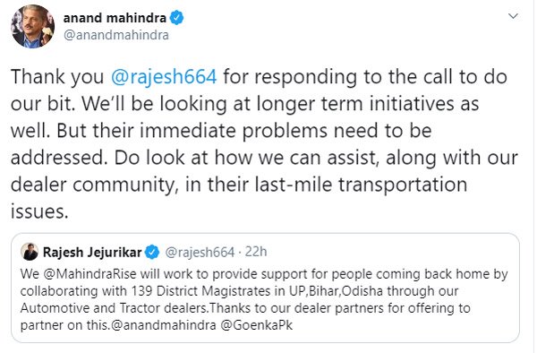 ಲಾಕ್‌ಡೌನ್ ಸಂಕಷ್ಟ- ವಲಸೆ ಕಾರ್ಮಿಕರ ಸಹಾಯಕ್ಕೆ ಧಾವಿಸಿದ ಮಹೀಂದ್ರಾ