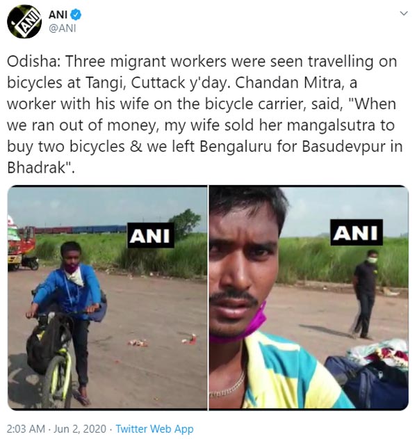 ಸೈಕಲ್ ಖರೀದಿಸಿ ಊರು ತಲುಪಲು ಪತ್ನಿಯ ತಾಳಿ ಮಾರಿದ ವಲಸೆ ಕಾರ್ಮಿಕ