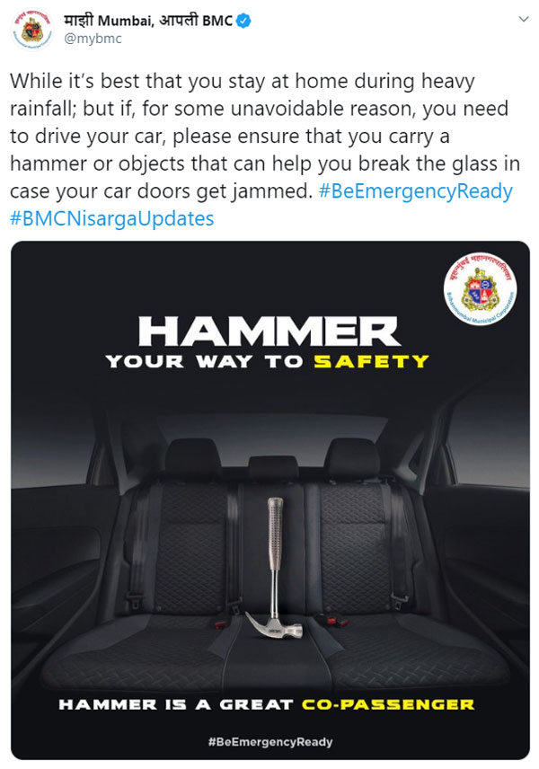 ನಿಸರ್ಗ ಚಂಡಮಾರುತ ಎಫೆಕ್ಟ್: ಕಾರುಗಳಲ್ಲಿ ಸುತ್ತಿಗೆ ಕಡ್ಡಾಯಗೊಳಿಸಿದ ಪುರಸಭೆ