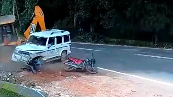 ಬೈಕ್ ಸವಾರನ ಪ್ರಾಣ ಉಳಿಸಿ ಜೀವ ರಕ್ಷಕವಾದ ಮಹೀಂದ್ರಾ ಬೊಲೆರೊ