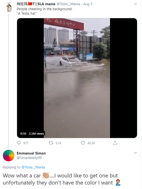 ಪ್ರವಾಹದ ನೀರಿನಲ್ಲಿ ಮೀನಿನಂತೆ ಈಜುತ್ತಾ ಸಾಗಿದ ಟೆಸ್ಲಾ ಎಲೆಕ್ಟ್ರಿಕ್ ಕಾರು