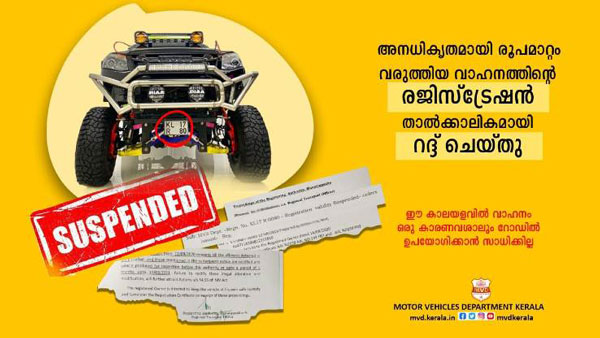 ಮಾಡಿಫೈಗೊಂಡ ಕಾರಿನ ರಿಜಿಸ್ಟ್ರೇಷನ್ ಅಮಾನತುಪಡಿಸಿದ ಸಾರಿಗೆ ಇಲಾಖೆ