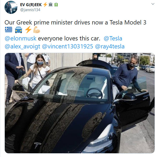 ಟೆಸ್ಲಾ ಮಾಡೆಲ್ 3 ಎಲೆಕ್ಟ್ರಿಕ್ ಕಾರು ಚಾಲನೆ ಮಾಡಿದ ಗ್ರೀಸ್ ಪ್ರಧಾನಿ