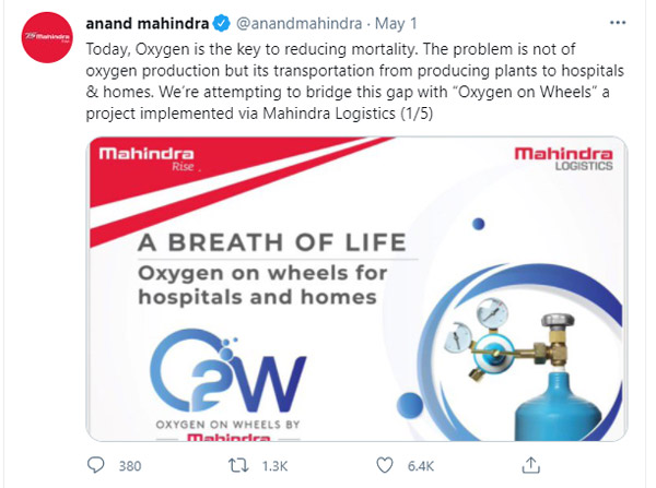 ಆಕ್ಸಿಜನ್ ಆನ್ ವ್ಹೀಲ್ಸ್ ಅಭಿಯಾನಕ್ಕೆ ಚಾಲನೆ ನೀಡಿದ ಆನಂದ್ ಮಹೀಂದ್ರಾ