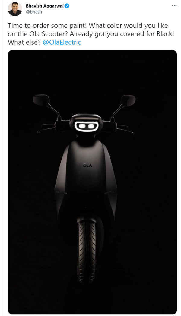 ಎಲೆಕ್ಟ್ರಿಕ್‌ ಸ್ಕೂಟರ್‌ನಲ್ಲಿ ವಿವಿಧ ಬಣ್ಣಗಳ ಆಯ್ಕೆ ನೀಡಲಿದೆ ಓಲಾ