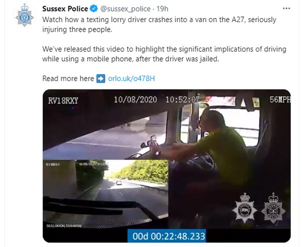 ವಾಹನ ಚಾಲನೆ ವೇಳೆ ಮೊಬೈಲ್ ಬಳಸಿ ಅಪಘಾತಕ್ಕೆ ಕಾರಣನಾದ ಟ್ರಕ್ ಚಾಲಕ