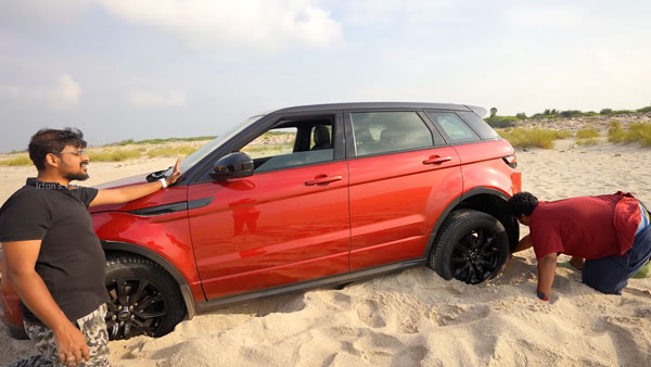 ಮರಳಿನಲ್ಲಿ ಸಿಲುಕಿ ಹೊರ ಬರಲು ಪರದಾಡಿದ ಲ್ಯಾಂಡ್ ರೋವರ್ ಇವೊಕ್ ಎಸ್‌ಯುವಿ