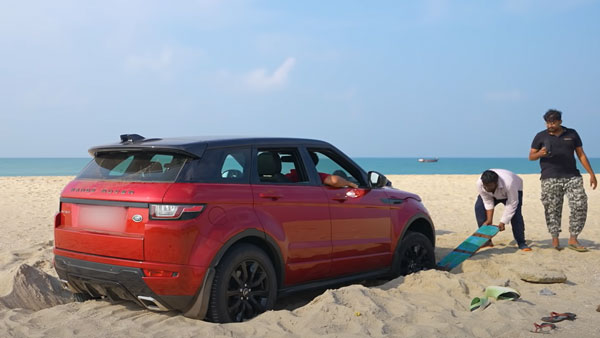 ಮರಳಿನಲ್ಲಿ ಸಿಲುಕಿ ಹೊರ ಬರಲು ಪರದಾಡಿದ ಲ್ಯಾಂಡ್ ರೋವರ್ ಇವೊಕ್ ಎಸ್‌ಯುವಿ