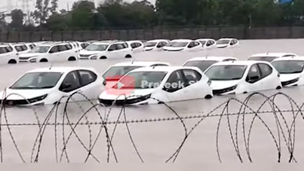 ಮಳೆ ನೀರಿನಲ್ಲಿ ಮುಳುಗಿದವು ವಿತರಣೆಗೆ ಸಿದ್ಧವಾಗಿದ್ದ ಹೊಸ ಕಾರುಗಳು