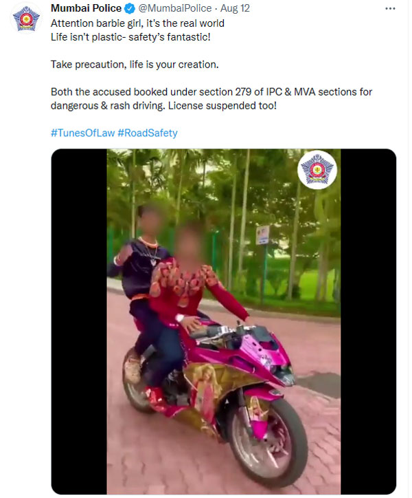 ಕೆಟಿಎಂ ಬೈಕಿನಲ್ಲಿ ಬಾರ್ಬಿ ಗರ್ಲ್ ಸ್ಟಿಕ್ಕರ್ ಅಳವಡಿಸಿ ಸ್ಟಂಟ್ ಮಾಡಿದವರ ವಿರುದ್ಧ ಪ್ರಕರಣ ದಾಖಲಿಸಿದ ಪೊಲೀಸರು