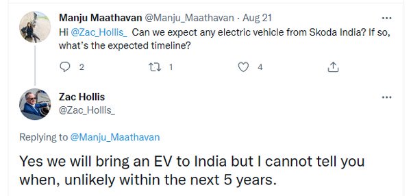 ಭಾರತದಲ್ಲಿ ಎಲೆಕ್ಟ್ರಿಕ್ ಕಾರುಗಳ ಬಿಡುಗಡೆ ಕುರಿತು ಮಾಹಿತಿ ಹಂಚಿಕೊಂಡ Skoda India