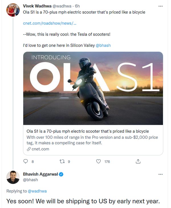 ಯುಎಸ್ಎ ನಲ್ಲೂ ಬಿಡುಗಡೆಯಾಗಲಿದೆ ಮೇಡ್ ಇನ್ ಇಂಡಿಯಾ Ola EV ಸ್ಕೂಟರ್