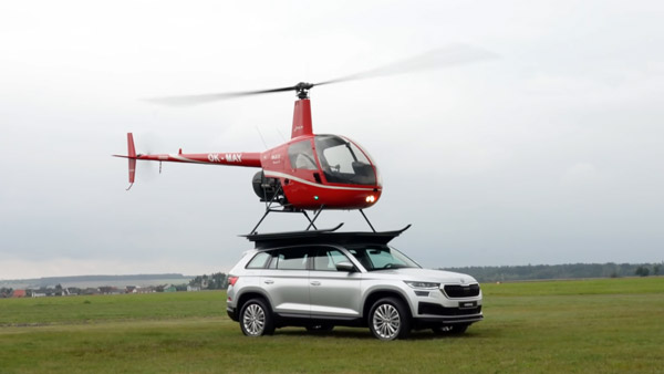 ಹೊಸ SKoda Kodiaq ಎಸ್‌ಯು‌ವಿ ರೂಫ್ ಮೇಲೆ ಲ್ಯಾಂಡ್ ಆದ ಮಿನಿ ಹೆಲಿಕಾಪ್ಟರ್