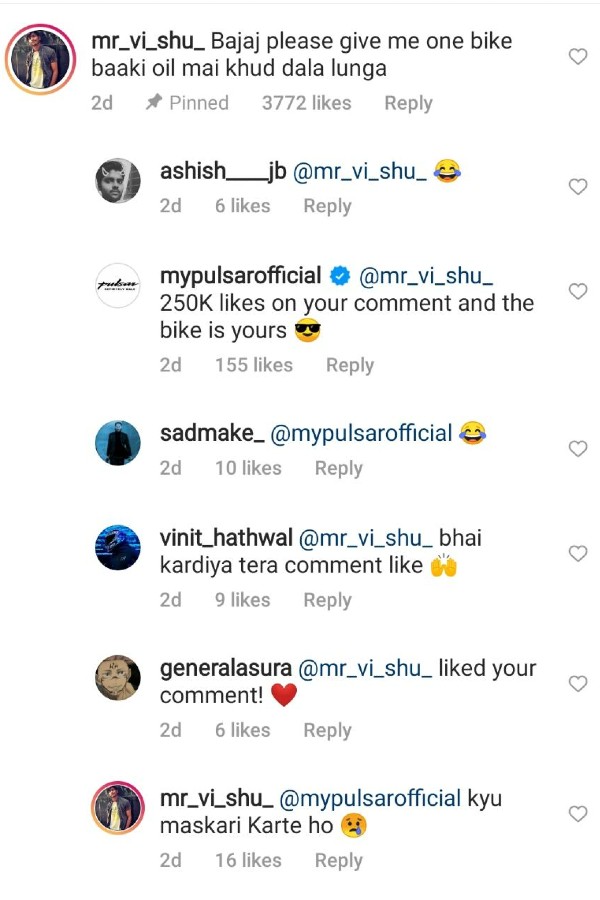 ಇನ್​ಸ್ಟಾಗ್ರಾಮ್​ನಲ್ಲಿ ಉಚಿತ ಬೈಕ್ ಕೇಳಿದ ವ್ಯಕ್ತಿಗೆ ಬೈಕ್ ನೀಡಲಿದೆ ಬಜಾಜ್: ಷರತ್ತು ಅನ್ವಯ