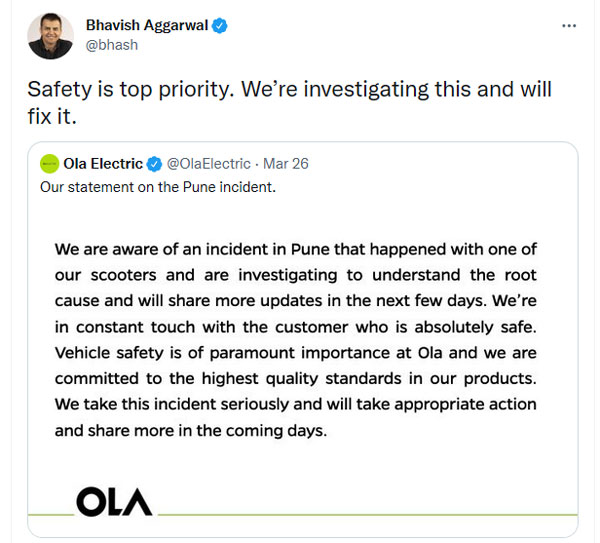 ತಾಂತ್ರಿಕ ದೋಷ: ನಡುರಸ್ತೆಯಲ್ಲಿಯೇ ಹೊತ್ತಿ ಉರಿದ ಓಲಾ ಎಲೆಕ್ಟ್ರಿಕ್ ಸ್ಕೂಟರ್