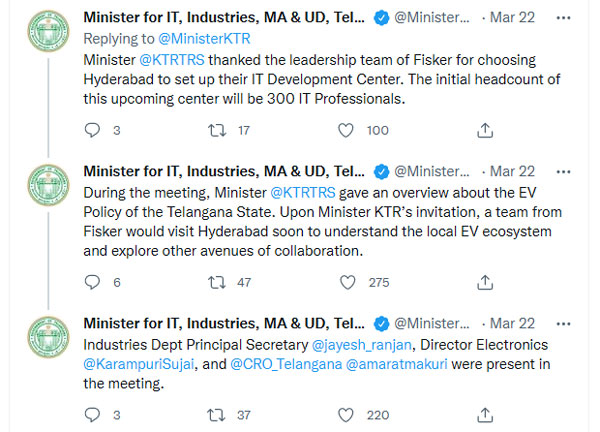 ಹೈದರಾಬಾದ್‌ನಲ್ಲಿ ಐಟಿ ಸೆಂಟರ್ ಸ್ಥಾಪನೆಗೆ ಅಮೆರಿಕನ್ ಕಂಪನಿಯನ್ನು ಕರೆತಂದ ತೆಲಂಗಾಣ ಸಚಿವ 