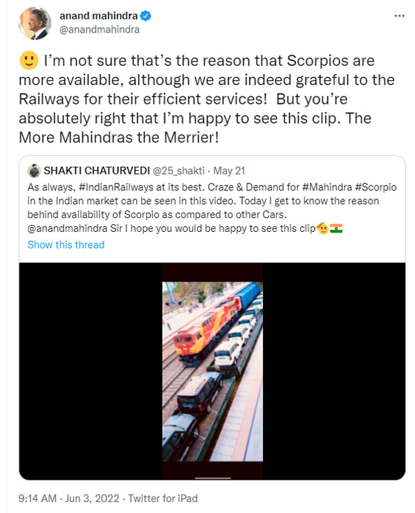 ರೈಲಿನಲ್ಲಿ ಸ್ಕಾರ್ಪಿಯೋ ಕಾರುಗಳನ್ನು ಸಾಗಿಸುತ್ತಿದ್ದ ವಿಡಿಯೋ ವೈರಲ್: ಭಾರತೀಯ ರೈಲ್ವೆಗೆ ಆನಂದ್ ಮಹೀಂದ್ರಾ ಕೃತಜ್ಞತೆ 