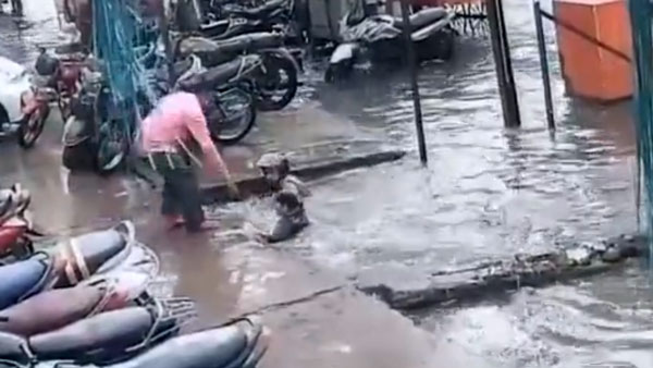 ಭಾರಿ ಮಳೆ: ಅನಾರೋಗ್ಯದಿಂದ ಆಸ್ಪತ್ರೆಗೆ ತೆರಳಿ ರಸ್ತೆ ಕಾಣದೆ ಗುಂಡಿಗೆ ಬಿದ್ದ ದಂಪತಿ!