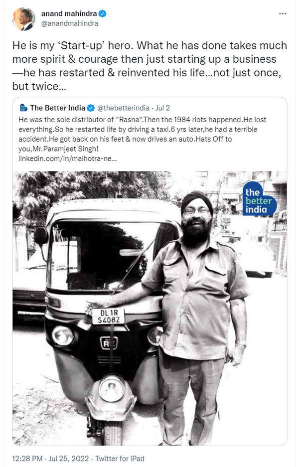 ಉದ್ಯಮಿ ಆಟೋ ಡ್ರೈವರ್‌ ಆದ ಕಥೆ: ಇವರೇ ನನ್ನ ‘ಸ್ಟಾರ್ಟ್-ಅಪ್ ಹೀರೋ’ ಎಂದ ಆನಂದ್ ಮಹೀಂದ್ರಾ