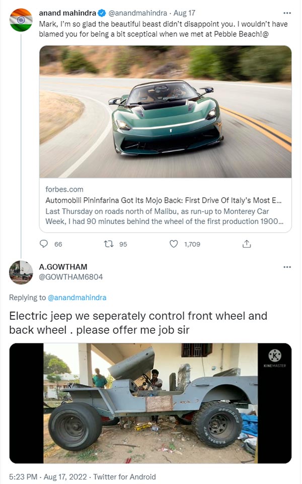 ಮನೆಯಲ್ಲೇ 4WD ಎಲೆಕ್ಟ್ರಿಕ್ ಜೀಪ್ ತಯಾರಿ: ಹಳ್ಳಿ ಪ್ರತಿಭೆಗೆ ಕೆಲಸ ಕೊಡಲು ರೆಡಿ ಎಂದ ಮಹೀಂದ್ರಾ 