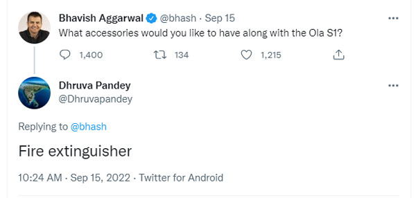 ಟ್ವಿಟ್ಟರ್‌ನಲ್ಲಿ ತಮ್ಮ ಸ್ಕೂಟರ್ ಕುರಿತು ಪ್ರಶ್ನಿಸಿ ಮುಜುಗರಕ್ಕೀಡಾದ ಓಲಾ ಸಿಇಒ ಭವಿಷ್ ಅಗರ್ವಾಲ್ 