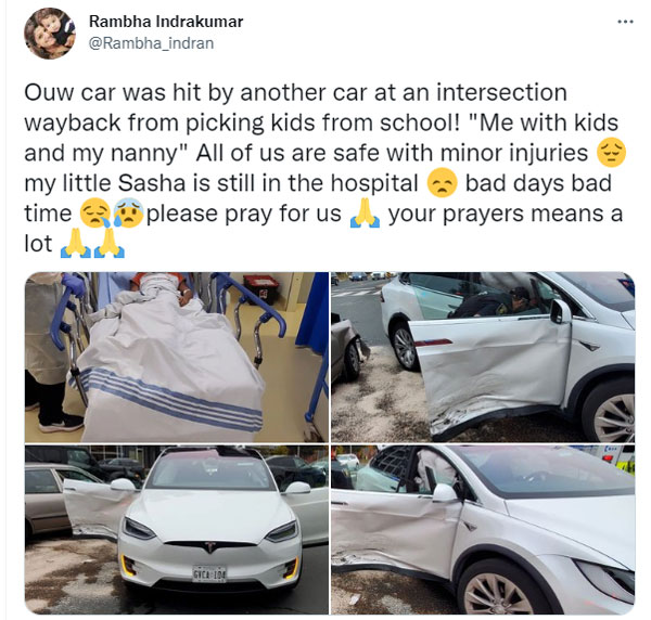 ಬಹುಭಾಷಾ ನಟಿ ರಂಭಾ ಅವರ ಕಾರಿಗೆ ಅಪಘಾತ: ಕಿರಿಯ ಪುತ್ರಿಗೆ ಆಸ್ಪತ್ರೆಯಲ್ಲಿ ಚಿಕಿತ್ಸೆ... 